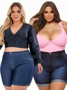 Kit 2 Bermudas jeans plus size feminina Cintura alta Com Lycla (Elastano)