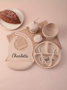 Conjunto de vajilla personalizada para bebé de 6 piezas en silicona, incluye baberos impermeables, plato portátil, cubiertos blandos, bol con ventosa, taza con tapa a prueba de fugas. Multiusos, ornamental, con letras, elegante, moderno, colorido, kawaii, adorable, lindo, casual, personalizado, único, personalizado, niño, niña