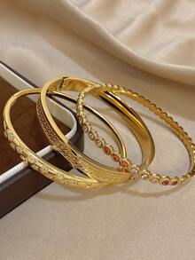 18K 镀金不锈钢心形和星形锆石手镯套装，女士适用 - 奢华几何雕刻和宝石袖口手镯、妈妈礼物、教师礼物、波西米亚风夏季海滩旅行必备品、狂欢/舞会/派对/日常配饰、返校礼物、生日礼物、伴娘礼物 - 彩色 - 查看 3