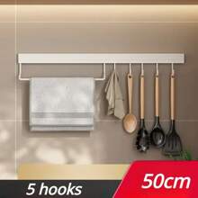 Wall Mounted Kitchen Storage Rack No Punch Shelves With Movable Hook Spoon Holder Organizer Kitchen Utensil Accessories