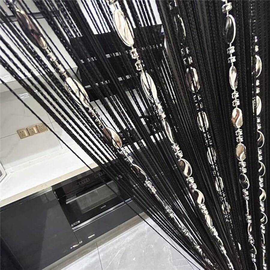 100cmX200cm Decorative Door String Curtain Beads Wall Panel Fringe Window Room Divider Blind For Wedding Coffee House Parts Door Divider Beads Tassel Screen Decoration (Colorfull 25) - 黑色 - 查看 1