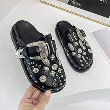 Style Shoes Closed Toe Half Slippers Women New British Retro Thick Sole Studded Strap Flat Mules - 黑色 - 查看 6