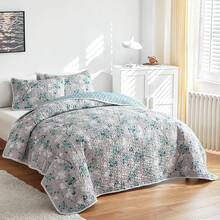 Flysheep Reversible Quilt Set Full Size, 3 Pieces White Blue Botanical Floral Printed Summer Bedding Set, Soft Microfiber Lightweight Bedspread/Coverlet All Season - 92x90 - Grey - View 9