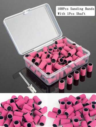 100 piezas/caja Juego de bandas de lijado con eje de metal Brocas de taladro de uñas para esmalte de uñas, gel, eliminación de piel muerta y callosidades, bandas abrasivas, cortador, múltiples colores y especificaciones disponibles, suministros para uñas, herramientas para uñas, herramientas de arte de uñas, de vuelta a la escuela, uñas, herramientas para uñas postizas