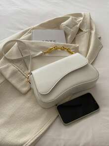 1pc Minimalist Solid Color Flap Shoulder Bag, Classic Textured Crossbody Bag, Women Handbag - White - View 3