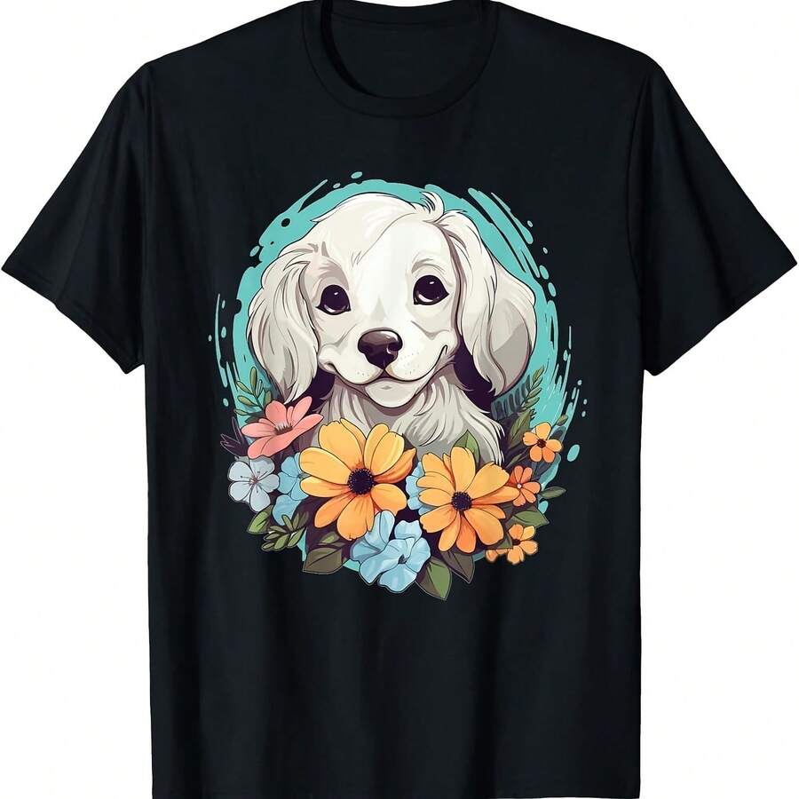 Perro lindo con flores Camiseta para perro - Negro - Ver 1