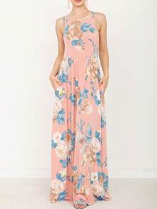 Boho Retro Vintage  Solid  Grey Color Block Color Sleeveless Grey Maxi Dress Racer | S-3X - 淺粉紅色 - 查看 7