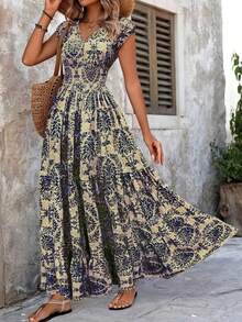 New Summer V-Neck Short Sleeve Floral Printed Dress, Lady Elegant Maxi Long Dress - Navy Blue - View 3