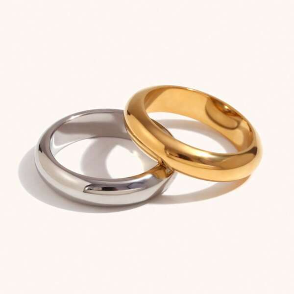 Simple Thick Plain Band Ring, 18K Gold Plated Stainless Steel Fashion Luxury Couple Rings