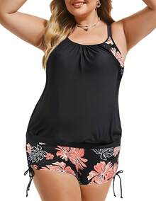 Womens Plus Size Striped Printed Strappy Tankini Top With Shorts Two Pieces Swimsuit - Black - View 2