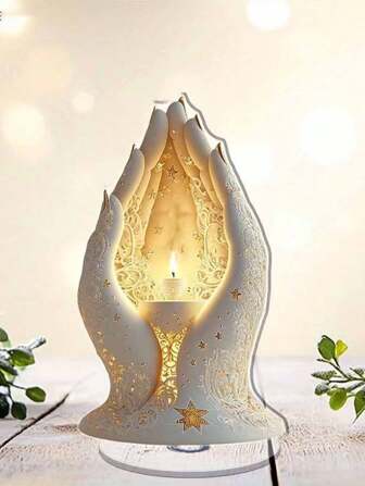 1 件拉斐尔风格祈祷之手亚克力烛台 - 2D 平面，旋转桌面装饰，带有金色星星和图案，非常适合冥想、放松和精神氛围，室内/室外使用，无需用电，卧室装饰 | 精神氛围 | 精心制作的蜡烛装饰