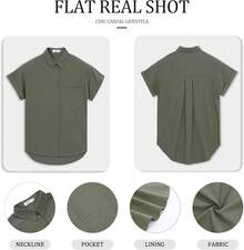 Camisas casuales de mujer de manga corta y abotonadas 2025 Moda de verano Camisa de algodón y lino con bolsillo - Verde militar - Ver 4