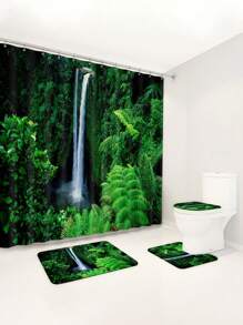 1pc/4pcs Charming Forest Waterfall With Green Leaves & Plant Pattern Bathroom Decorative Waterproof Shower Curtain Set, Includes 12 Hooks, Bathroom Anti-Slip Mat, U-Shaped Floor Mat And Round Toilet Lid Cover, Versatile Bathroom Set Back To School