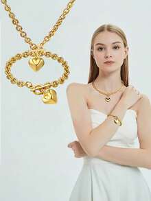 2pcs/Set 18K Gold Plated Bracelet Necklace Charm Chunky Stainless Steel Chain Heart Toggle Choker Jewelry Set For Women Girls Fashion Jewelry Set - Heart Shaped Necklace Bracelet Set - View 7