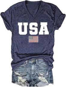 4th Of July V Neck Patriotic T-Shirts Women American Flag Print Faith Family Freedom Letter Casual Short Sleeve Tee Tops Halloween Christmas New Year - 海軍 - 查看 1