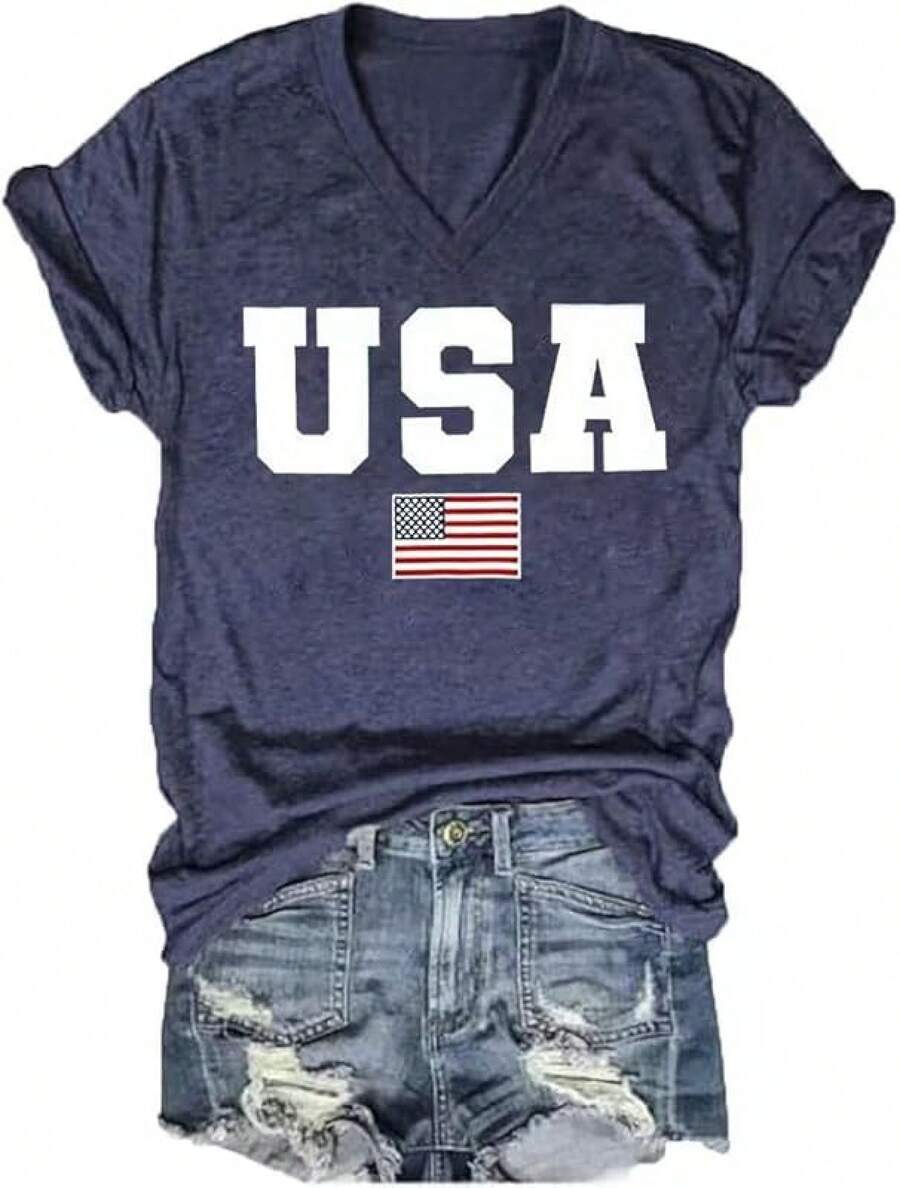 4th Of July V Neck Patriotic T-Shirts Women American Flag Print Faith Family Freedom Letter Casual Short Sleeve Tee Tops Halloween Christmas New Year - 海軍 - 查看 1