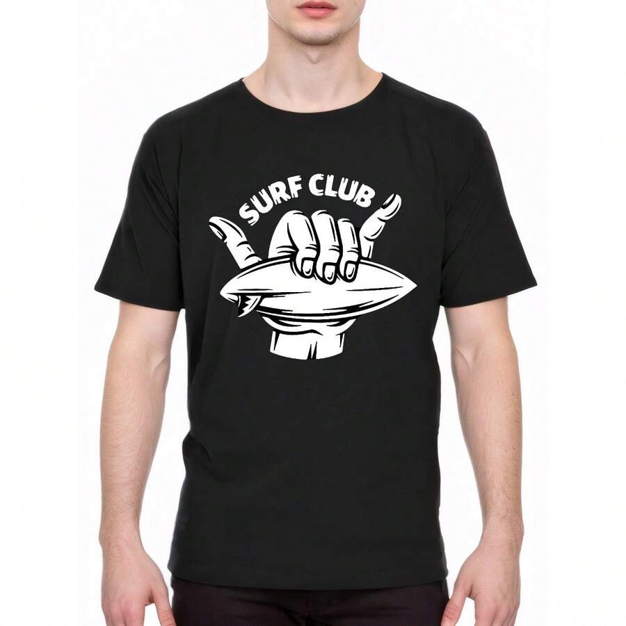 Crew Neck Surf Club Print Men's Fashionable Summer Short Sleeve Sports T-Shirt, Comfortable And Versatile As Gift - Black - View 1