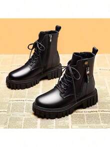 Women's Thick Sole Lined Zipper Short Motorcycle Boots, British Style, Spring/Autumn - View 3