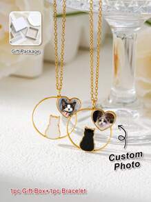 Customized Double-Sided Photo Necklace, Stainless Steel Women Cat Silhouette Pendant Necklace, Customized Pet Photo, Family Photo, Pet Memorial Gift, Gift For Friends, Birthday Gift, Thanksgiving Gift, Easter Gift