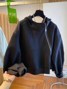 时尚欧洲和韩国设计女式春秋斜拉链连帽运动衫，宽松时尚夹克