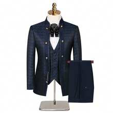 Men's Wedding Suit Three-Piece Suit, High-End New Chinese Style Dark Flower Pattern, Exquisite Metal Buckle Chain Closure Formal Suit, Suitable For Weddings, Parties, Any Formal Occasions - Blue - View 1