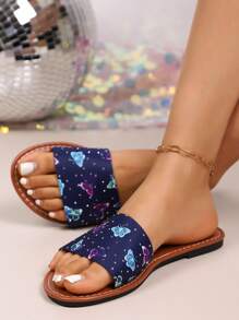 Women's Casual Round Toe Colorful Butterfly Print Rhinestone Decor Flat Slippers