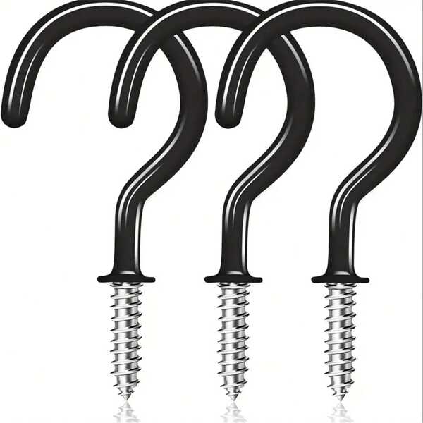 16 Pcs Cup Hooks Screw - 2.9 Inch Metal Ceiling Hooks With PVC Plastic Vinyl Coating Black Screw In Hooks For Hanging Plants, Cups, Lights, Kitchen Utensils