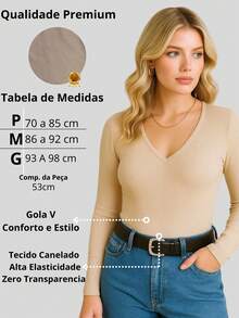 Long Sleeve Winter Blouse V Neck Ribbed Ribbed Simple Casual Everyday - Desnudo - Ver 2