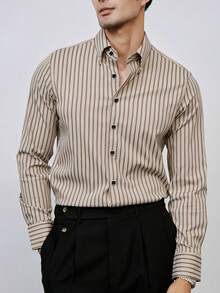 Men's Printed Striped Silver Trim Button Formal Long Sleeve Shirt, Fall - Khaki - View 4