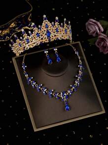 4pcs/Set Girls Children Rhinestone Alloy Crown Necklace Earrings Jewelry Set, Holiday Decoration Accessories, Suitable For Performing, Birthday Party, Suitable For Older Kids And Toddlers