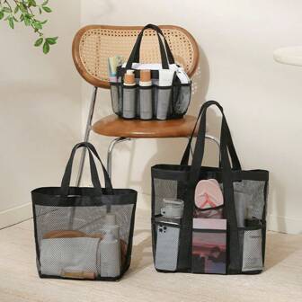 1pc Foldable Mesh Beach Tote Bag, Outdoor Handbag For Picnic, Bathing, Fitness, Swimming, Large Capacity, Portable Multifunctional Storage Bag