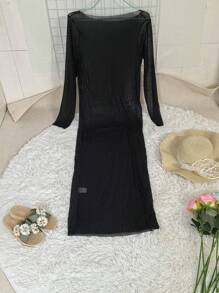 Women's Sexy Slim-Fit Net Sheer Off Shoulder Long Sleeve Long Dress, Plus Size, Summer