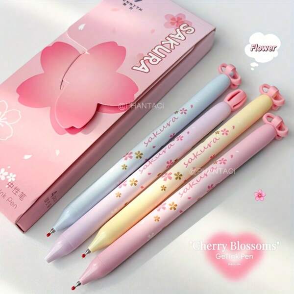 4pcs Cherry Blossom Flower Designed Retractable Ballpoint Pens With 0.5mm Black Ink, Smooth Writing, Quick Drying, Essential For Office, School, Great Gift