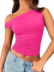 Queen Womens Summer Shoulder Tops Going Out T Shirts Crop Tank Top Fashion Clothes Spring Outfits 2025 Halloween Christmas New Year - Màu hồng tươi sáng - Xem 1