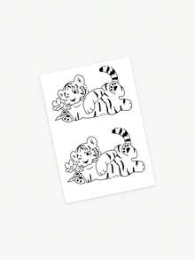 1 件可移除防水临时纹身贴纸，可爱斜倚老虎和花朵图案，适合人们日常使用 - 黑色 - 查看 4