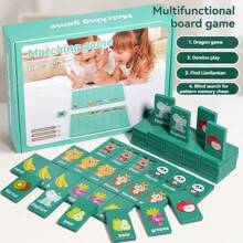 Jogo Educacional de Desenvolvimento Lógico e de Pensamento, Brinquedo com Peças de Madeira em Formato de Animais e Frutas, Combinar, Conectar 4, Memória, Dominó, Xadrez