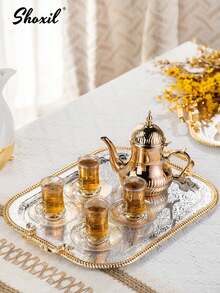 shoxil 1 件中东风格金色镶边托盘带手柄，储物托盘适用于存放咖啡壶和咖啡杯/茶杯，托盘，食物展示盘，用于存放饰品的装饰托盘，适用于客厅展示，餐厅招待，茶室装饰，送礼，咖啡厅装饰 - 托盤 - 查看 6