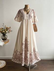 Rusttydustty Đầm ngắn tay dáng rộng thoải mái, phù hợp cho phụ nữ cỡ lớn, phong cách Bohemian, trang phục đi biển, lễ hội âm nhạc, kỳ nghỉ hè nhiệt đới. - Màu be - Xem 4