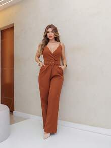 ELEGANT LONG TAILORED OVERALLS WITH BELT FOR WOMEN/DD091 - màu nâu - Xem 3