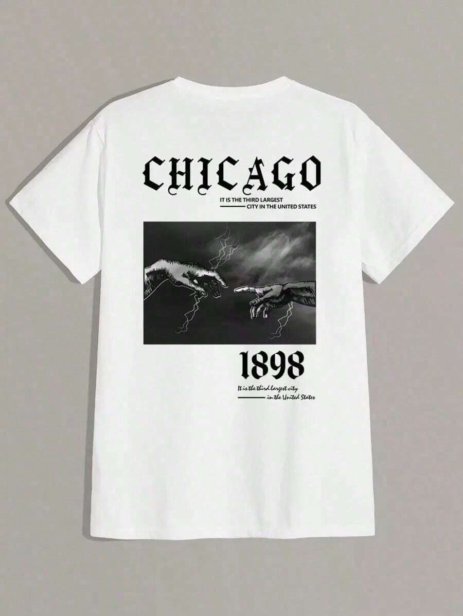 Men T-Shirts Fit Crew Neck Short Sleeve Graphic Tee Chicago Street Summer Polyester Tee Comfortable - trắng - Xem 1