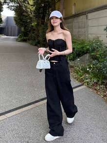 女式水洗阔腿裤，宽松休闲时尚百搭高腰飘逸垂坠长裤 - 黑色 - 查看 7