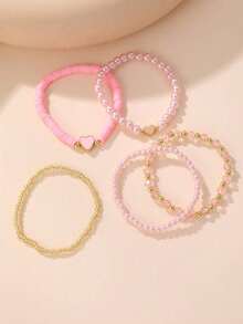 5pcs/Set Lovely Heart Pearl Beaded Bracelet Set For Girls, Suitable For Daily, Party Jewelry, Holiday Gift - Multicolor - View 4