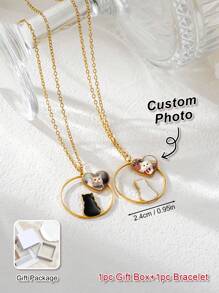 Customized Double-Sided Photo Necklace, Stainless Steel Women Cat Silhouette Pendant Necklace, Customized Pet Photo, Family Photo, Pet Memorial Gift, Gift For Friends, Birthday Gift, Thanksgiving Gift, Easter Gift