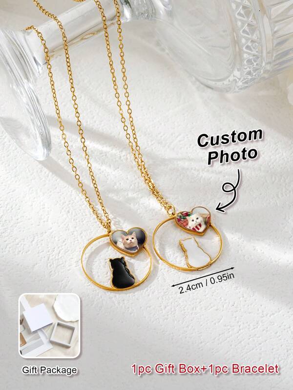 Customized Double-Sided Photo Necklace, Stainless Steel Women Cat Silhouette Pendant Necklace, Customized Pet Photo, Family Photo, Pet Memorial Gift, Gift For Friends, Birthday Gift, Thanksgiving Gift, Easter Gift