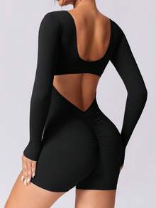 NcmRyu 1pc Women Sexy Elastic Long Sleeve Shorts - màu đen - Xem 3