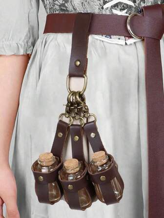 1Set Medieval Alchemy Faux Leather 3 Cork Potion Bottles, Fantasy Waist Bag Side Bag,Vikings Cosplay Accessories Belt Loop Renaissance Witch Props Magic Vial Stempunk Halloween Costume Props
