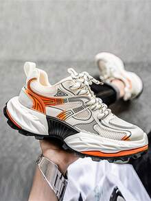 Men's Sneakers 2025 Summer New Thick-Sole Non-Slip Wear-Resistant Low-Top Round-Toe Lace-Up Men's Chunky Sneakers Gradient Outsole Fashionable Versatile Soft Comfortable Men's Running Shoes Leather And Mesh Combination Suitable For Outdoor, Daily Commute, Casual Wear, Young Men