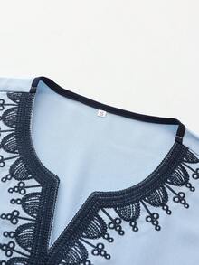 Ropa musulmana para hombres, túnica marroquí de manga corta bordada, chilaba islámica holgada para hombres, ropa árabe tradicional para hombres - Celeste - Ver 4