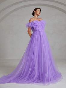 Faeriesty Váy cưới voan mỏng sang trọng, hở vai, thiết kế xếp tầng ở vai, chân váy voan mỏng nhẹ, vạt váy dài thướt tha chạm sàn - Hoàn hảo cho lễ cưới tại nhà thờ, lễ cưới ngoài trời, tiệc cưới trong nhà và chụp ảnh cưới. Mùa xuân - Màu tím - Xem 1