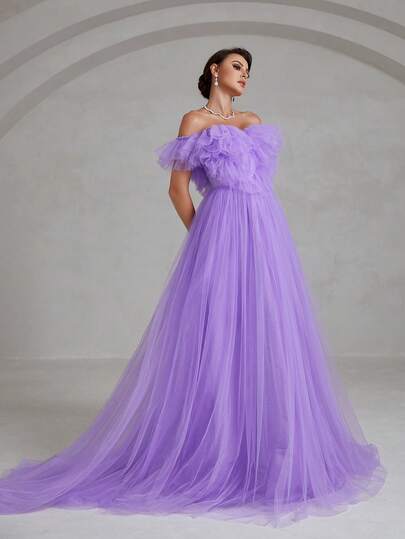 Faeriesty Elegant Cold-Shoulder Sheer Bridal Gown, Layered Ruffle Shoulder Design, Delicate Sheer Skirt, Flowing Floor-Length Hem - Perfect For Church Weddings, Garden Ceremonies, Indoor Receptions, And Bridal Photoshoots.